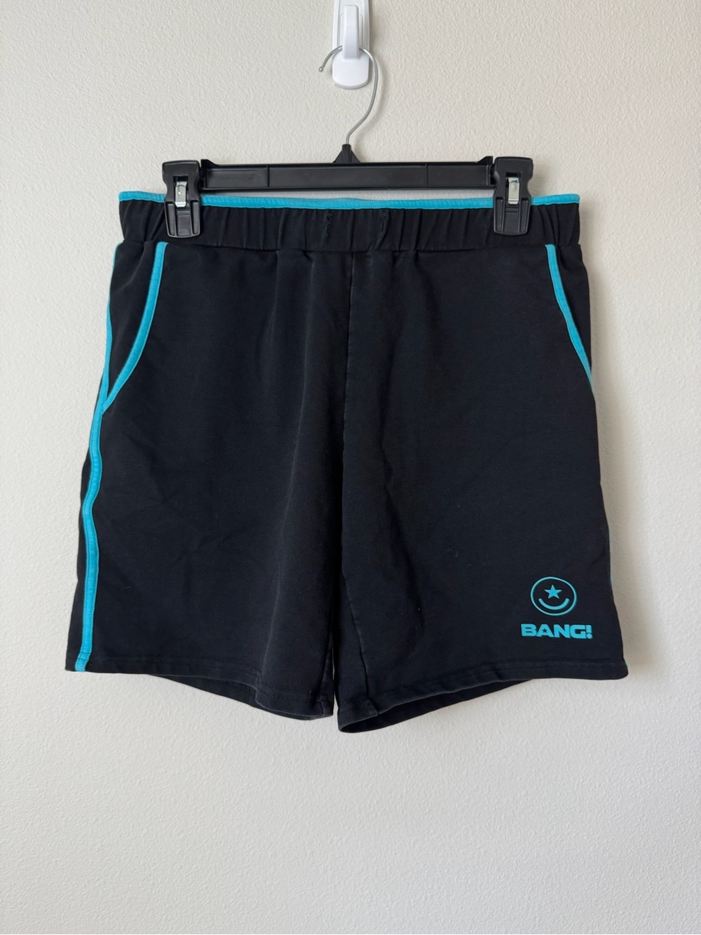 BANG! Mens Athletic Shorts Medium Black Blue Stretch Lounge Gym Shorts 7” Inseam